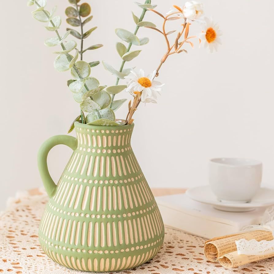 VASEFORU Ceramic Boho Vase, Handpainted Terra Cotta Vase, Distressed Farmhouse Décor, Pottery De... | Amazon (US)