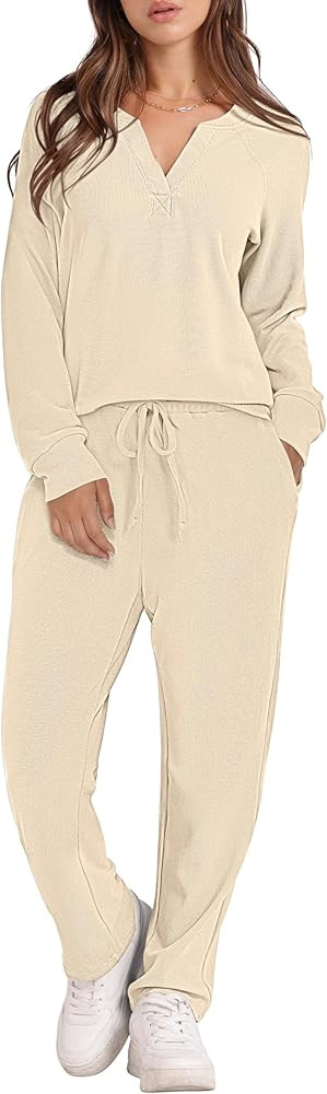 DEEP SELF Womens Waffle Knit Pajama Sets Long Sleeve Sleepwear and Long Pants Soft Pjs Loungewear... | Amazon (US)