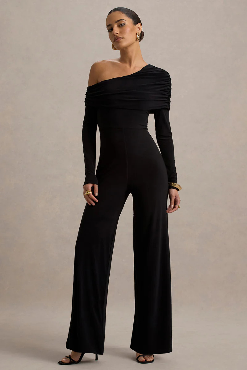 Gracious | Black Jumpsuit With Asymmetric Neckline | Club L London