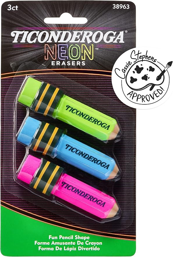 Ticonderoga Pencil Shaped Erasers, Neon Colors, 3 Count | Amazon (US)