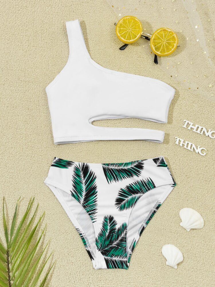 Girls Leaf Print Cut-out One Shoulder Bikini Swimsuit | SHEIN