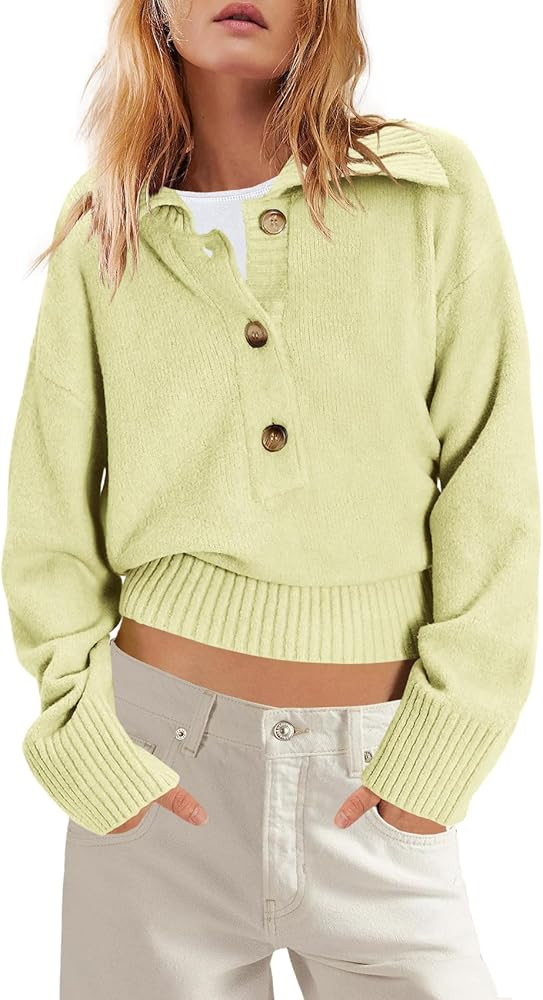 SENSERISE V Neck Sweaters for Women Collared Half Button Sweater Casual Polo Shirt Long Sleeve To... | Amazon (US)