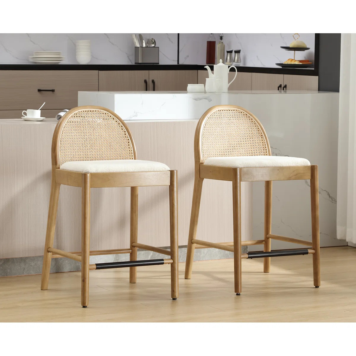 Emington Modern Stools with Rattan Backrests and Wood Frame (Set of 2) | Wayfair North America