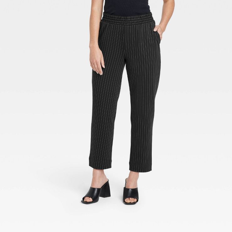 Women's High-Rise Slim Straight Fit Ankle Pull-On Pants - A New Day™ Black Pinstriped | Target