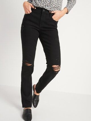 Mid-Rise Power Slim Straight Black Ripped Jeans for Women | Old Navy (US)