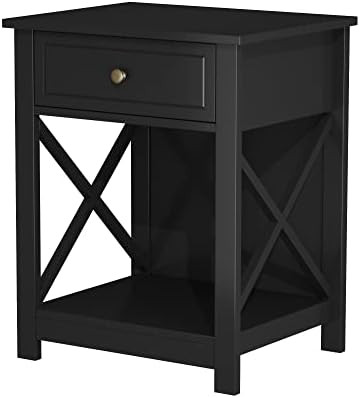 Treocho Black Nightstand X-Design, Modern Bedside Table with Drawer Storage Shelf, End Side Table... | Amazon (US)