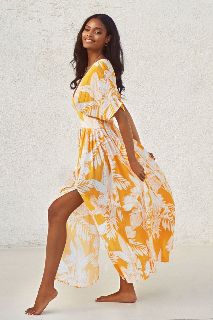 Selena Yellow Floral V-neck Maxi Dress | Cupshe