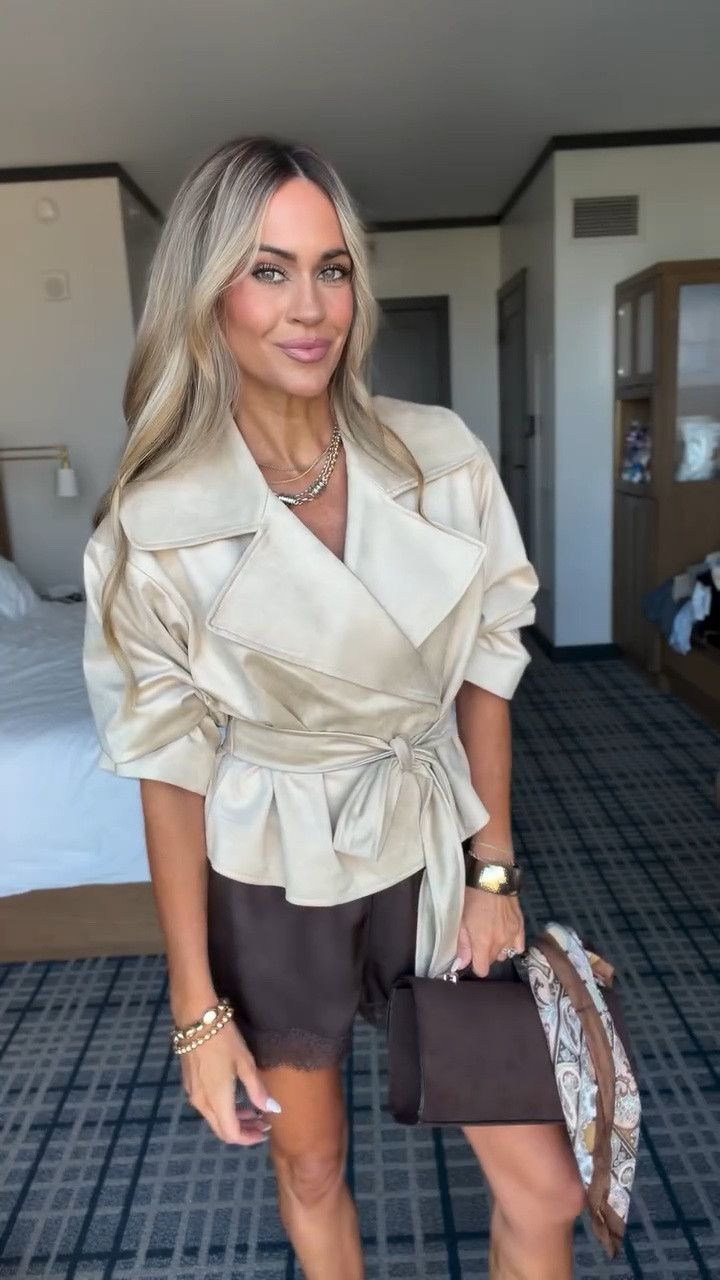 Satin shorts are still having a moment - here is an elevated way I’m styling them for fall as a 42 year old mom! Love this cropped suede trench coat worn as a top with the satin shorts - easy effortless and elevated!

#falloutfitinspo #falloutfitideas

#LTKootd #LTKmomlife #LTKOver40