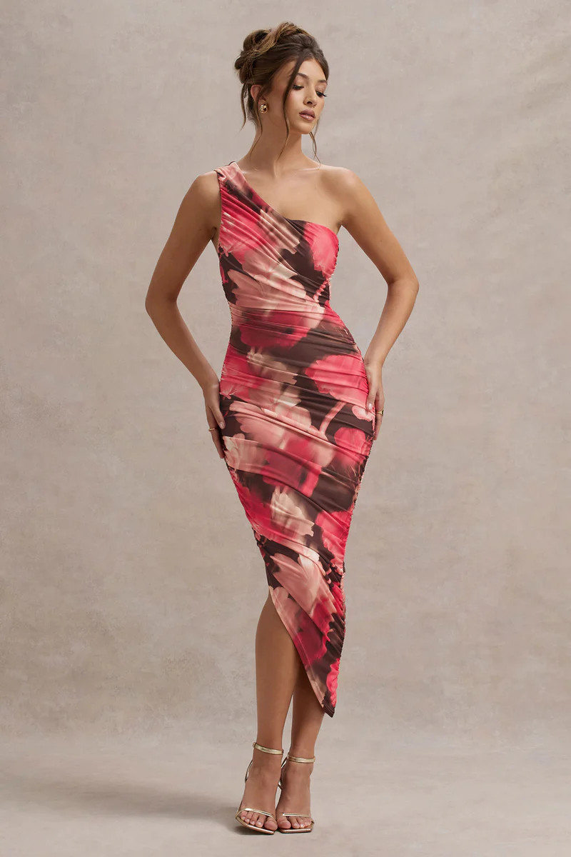 Dorit | Red Floral Print One Shoulder Asymmetric Ruched Midi Dress | Club L London