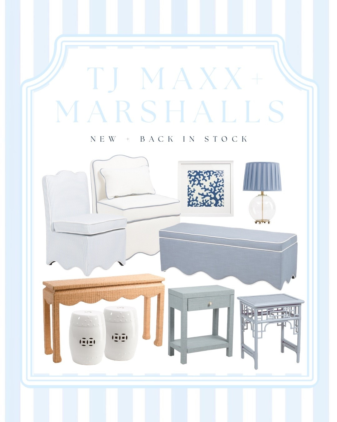 Southern Coastal home decor finds from TJ Maxx & Marshalls ✨

Use code SHIP89 for free shipping!

• Light Blue Striped Scalloped chairs • Scallop detail storage benches and rattan console table • chinoiserie end table • blue linen wrapped side table • ceramic garden stools • skirted accent chair • Lamp • Coastal Wall Art

Perfect for a modern coastal, preppy, Society Social or Serena & Lily–inspired space — and everything is linked here on my LTK! Hurry before these Look for Less styles sell out 
#coastalhomedecor #tjmaxxhome #marshallsnewarrivals #affordablehomedecor


#LTKHome #LTKFindsUnder100