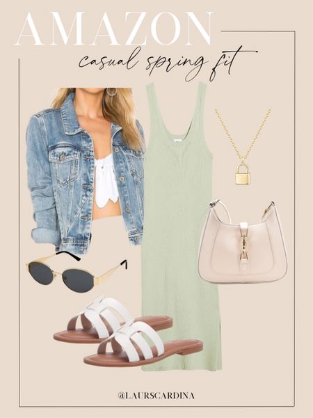 This casual spring fit from Amazon includes a green tank sweater dress, denim jacket, white slide sandals, a gold locket necklace, gold rimmed sunglasses, and an ivory shoulder bag. 

Ootd, Amazon fashion, resort wear, spring outfit idea, summer outfit 

#LTKshoecrush #LTKstyletip #LTKfindsunder50