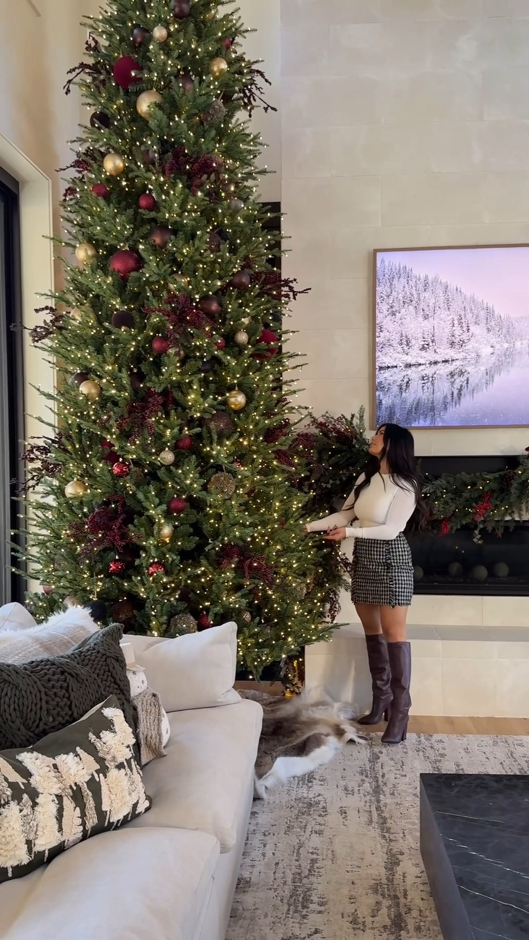Christmas decor tour! Styling the new 15 ft tree was hard work but I’m so happy with how it turned out! The burgundy and red accents are stunning. Outfit details linked! These boots took forever to get here so I’m sharing similar options.

#LTKHoliday #LTKHome #LTKSeasonal