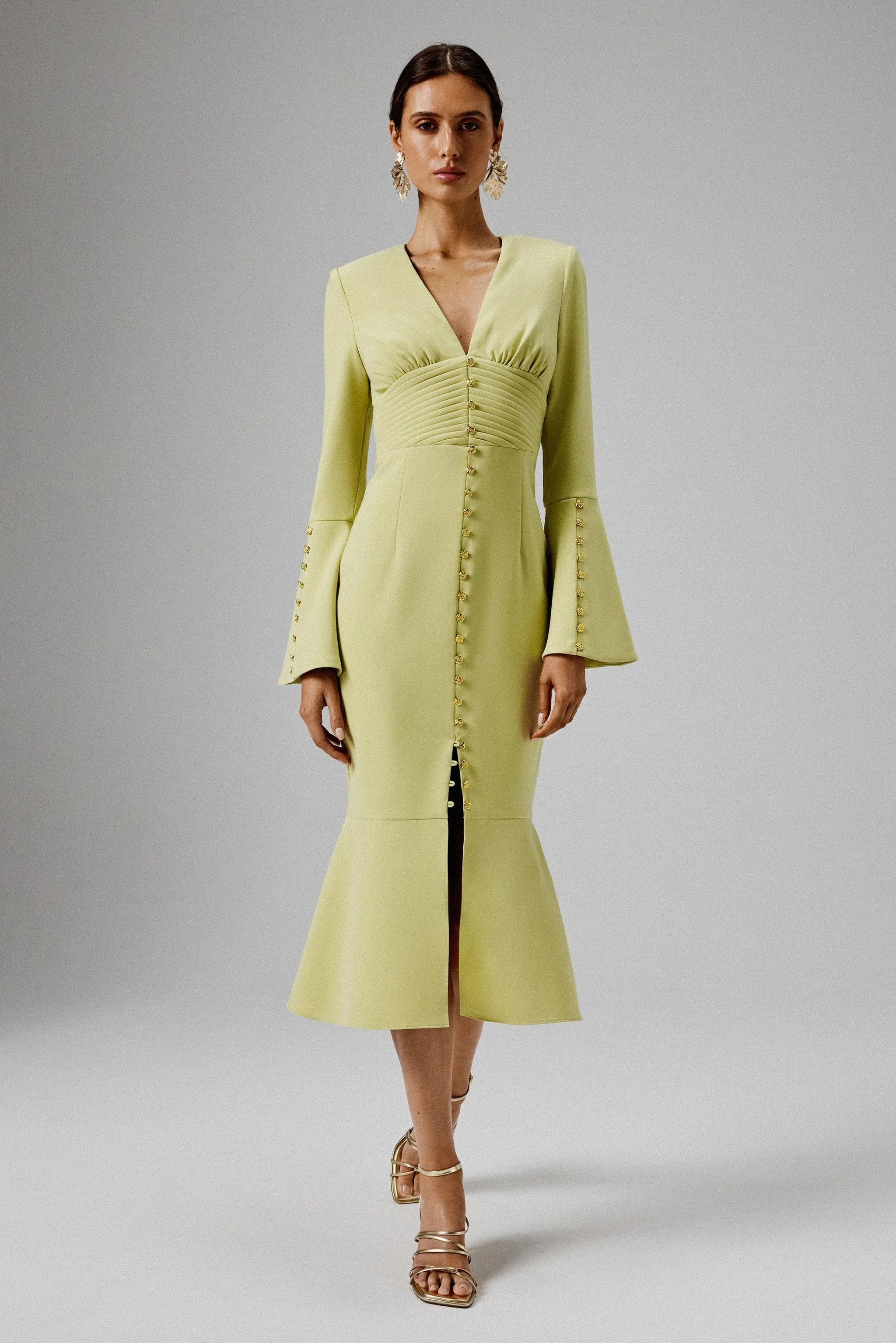 SALMA Fluted Sleeve Micro Rose Button Midi Dress in Lime Green | Lavish Alice Retail Ltd