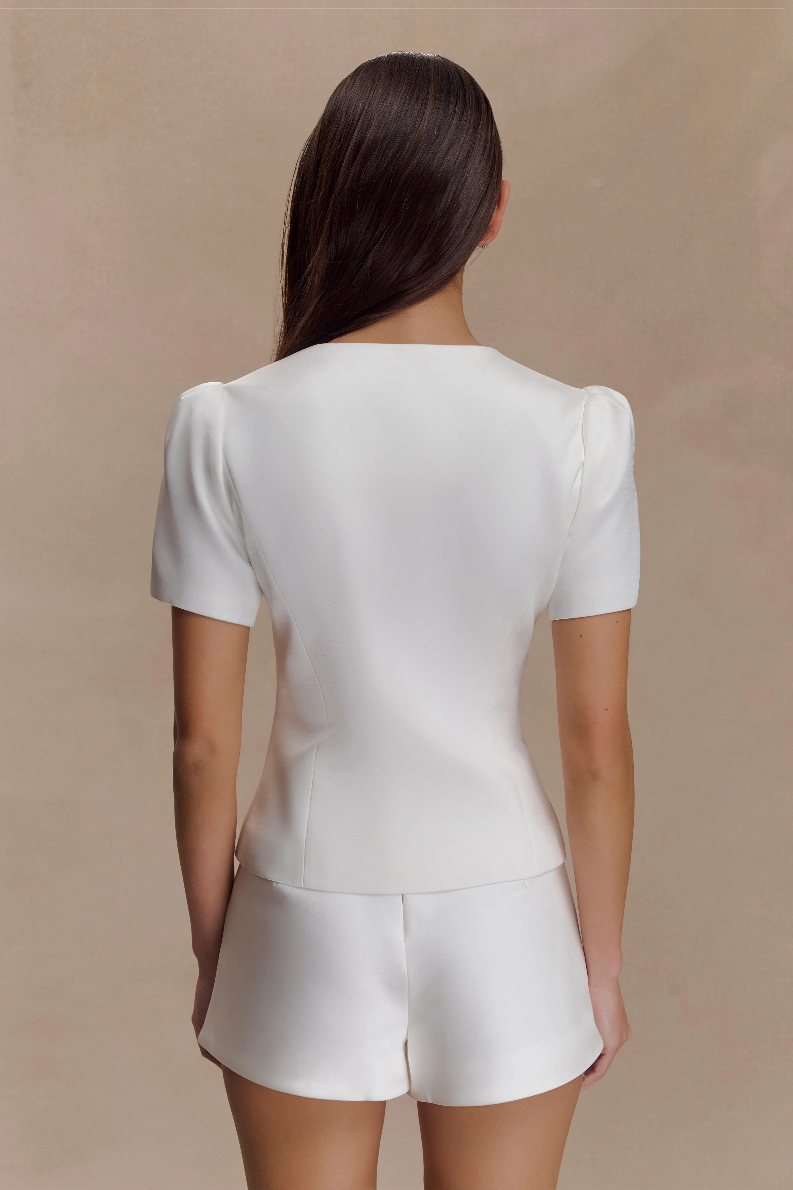Anne Short Sleeve Satin Top - White | MESHKI US