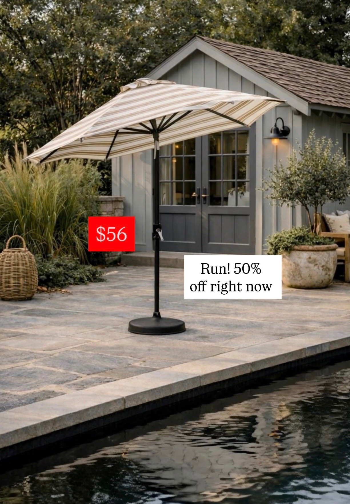 Run the striped umbrella is 50% off right now. It’s a 10 foot umbrella so it’s large striped and it comes in tons of colors.