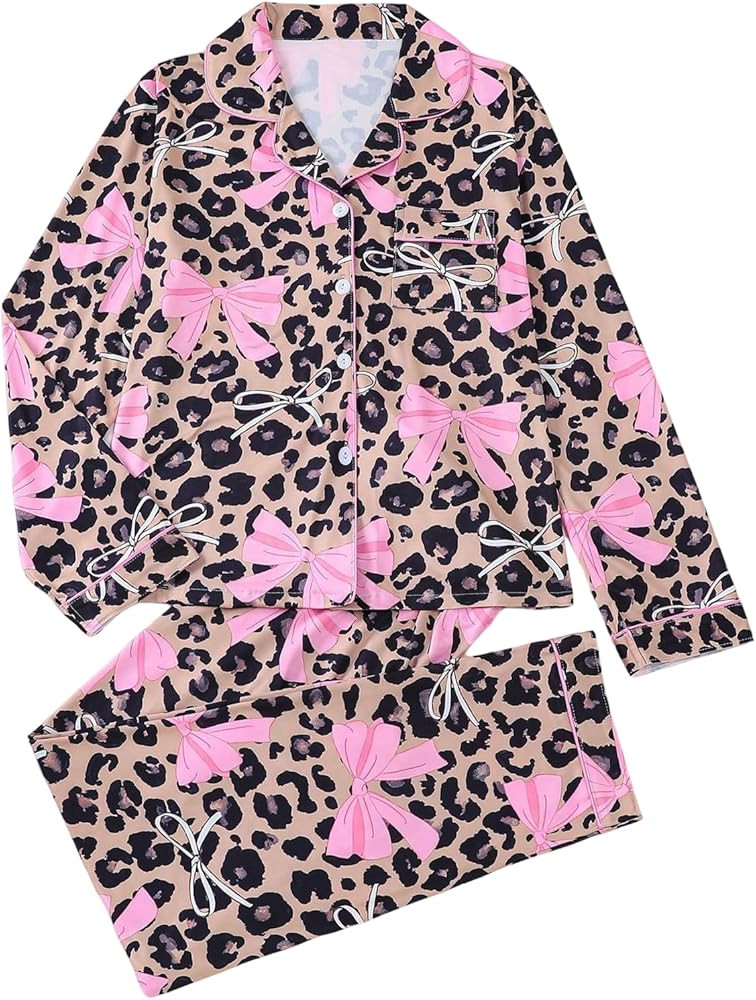 SHENHE Women's Leopard Bow Pajamas Set Long Sleeve Button Down with Pants Sleepwear Lounge Set | Amazon (US)
