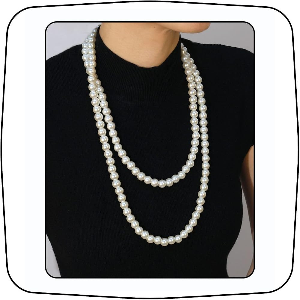 Vintage Long Pearl Necklace for Women White Faux Pearl Bead Layered Strand Chain Necklace Wedding... | Amazon (US)