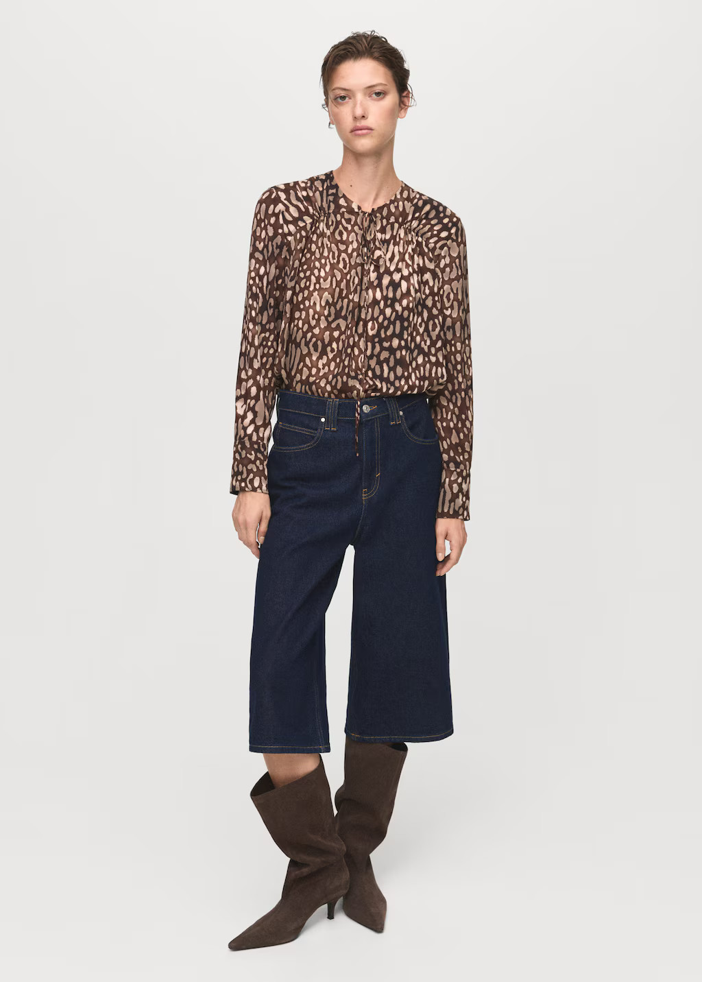 Satin leopard-print blouse with bow brown - Woman - 0 - MANGO | Mango (US/MX/AU)