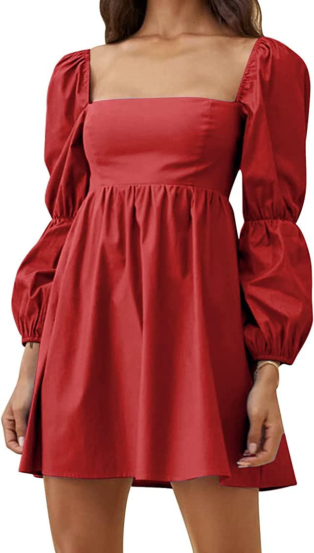 Amazon.com: EXLURA Womens Square Neck Dress Long Puff Sleeve A-Line Casual Short Mini Dress Red :... | Amazon (US)