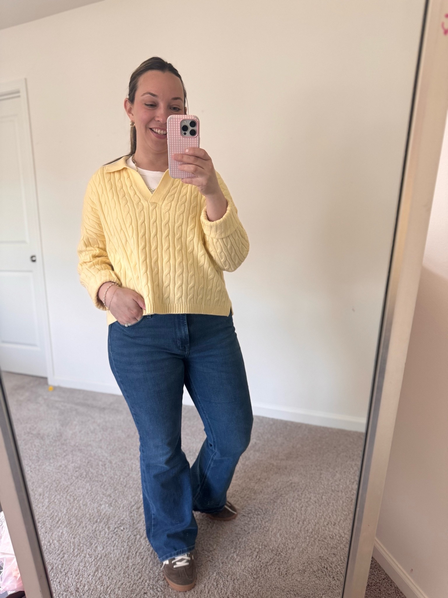 Yellow sweater cable knit sweater polo sweater flare jeans brown sneakers spring 2026 summer 2026

This yellow sweater is so soft and beautiful! I love how yellow tops just light up your face. Im wearing a medium. 
My jeans are soft and stretchy but keep their shape. I sized down one in these and bought a size 6. 
My sneakers are surprisingly comfortable with a hidden arch. I sized down one size in these. I find Adidas sneakers to run big. 
My tee washes well and comes in a bunch of colors. Cropped style that fits true to size. I’m wearing medium. 
😘

#LTKootd #LTKMidsize #LTKSeasonal