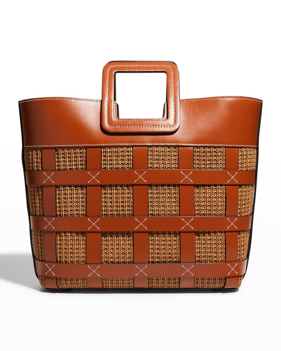 Staud Shirley Caged Leather & Raffia Tote Bag | Neiman Marcus