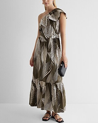 Printed One Shoulder Ruffle Tie Waist Poplin Maxi Dress | Express