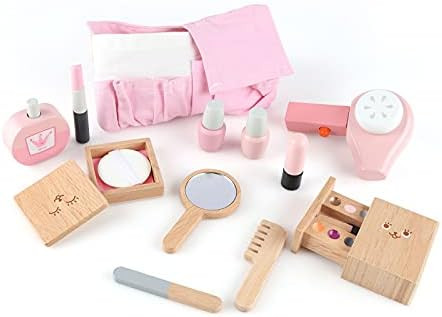 Vomocent Wooden Beauty Salon Toys for Girls 12 Pieces Makeup Playset with Makeup, Mirror, Hair Dr... | Amazon (US)