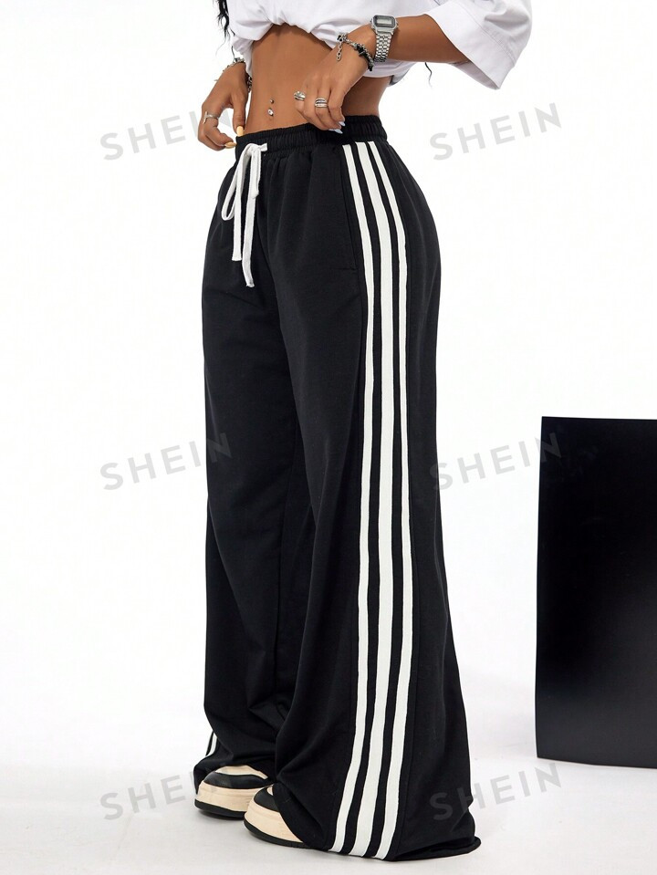 SHEIN Coolane Contrast Color Weave Strap Elastic Waist Casual Wide Leg Sweatpants | SHEIN
