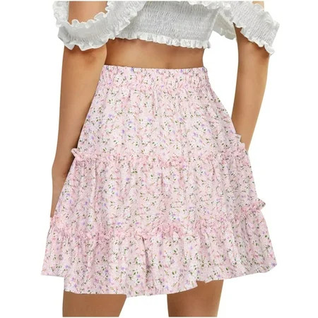 TZNBGO Women Summer Casual Vintage High Waist Floral Print Beach Ruffled Short Skirt Red And White P | Walmart (US)