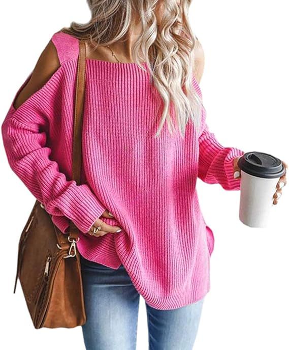 MaQiYa Women's Cold Shoulder Oversized Sweaters Batwing Long Sleeve Square Neck Chunky Knit Winte... | Amazon (US)