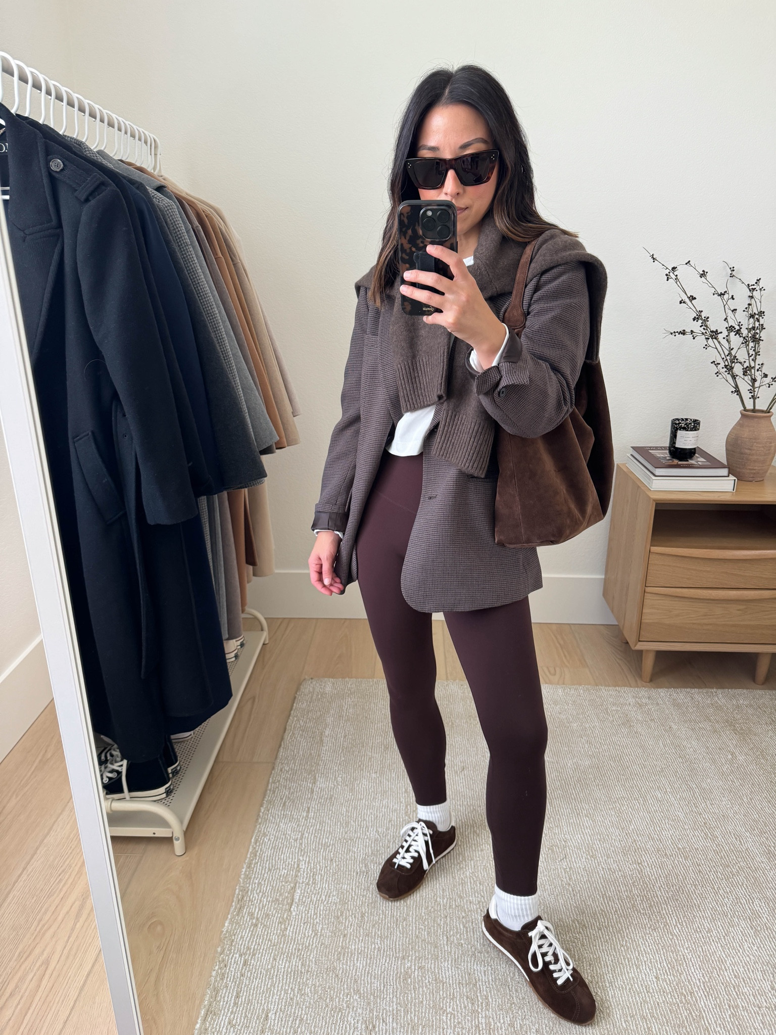 A cute drop-off outfit or run errands outfit wearing leggings. Blazer is old Gap. This year's version is a little too oversized and long, don't recommend. 

Gap blazer petite xs
Madewell tee xs
Quince sweater xs
Varley leggings xs
Amazon socks
Dolce Vita sneakers 6, runs small
Liffner Hobo Pillow bag
Celine sunglasses


#LTKStyleTip #LTKSeasonal #LTKPetite