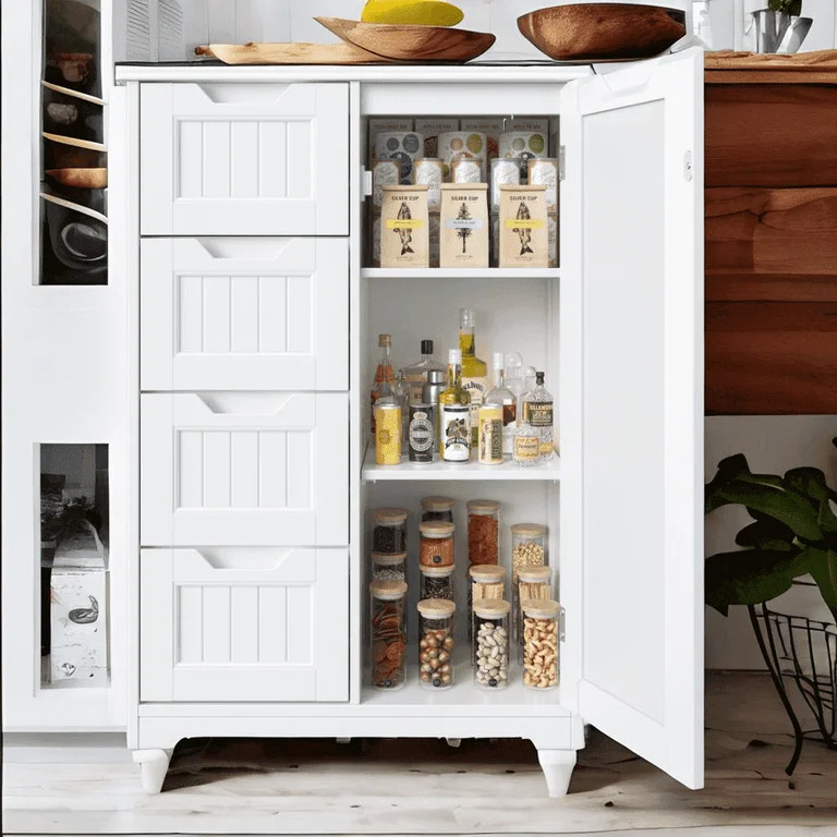 Pantry Storage Cabinet, Lofka 33" White Wood Kitchen Pantry Storage Cabinet with 4 Drawers, 1 Doo... | Walmart (US)