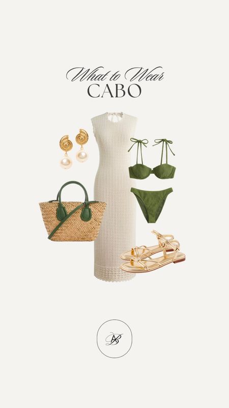 What to wear on your next beach vacation to Cabo! This Abercrombie bikini is available in 9 different colors and is on sale right now. Pair the look with a crochet coverup dress! For accessories, add a pair of cute gold sandals, shell earrings, and a beach bag for the perfect vacation outfit! 🤍

J.Crew dress, green bikini, Abercrombie swim, beach bag, tote bag, gold earrings, beach accessories, beach vacation outfit, summer outfit idea, gold sandals, Cabo outfit, midi dress, summer styles, crochet dress, shell earrings, straw tote 

#LTKSwim #LTKSaleAlert #LTKStyleTip
