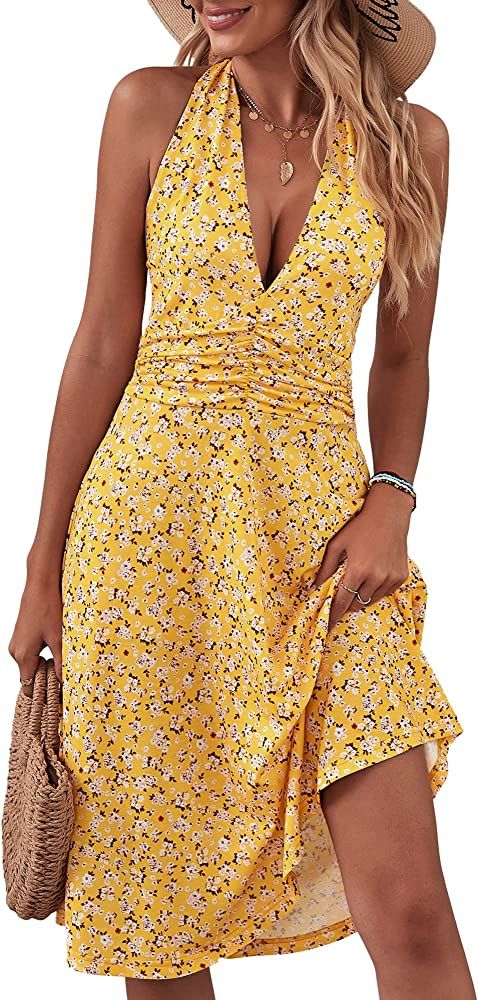HUHOT Women's Summer Sundress Sleeveless Halter Neck Spring Boho Floral with Pocket Elastic Waist... | Amazon (US)