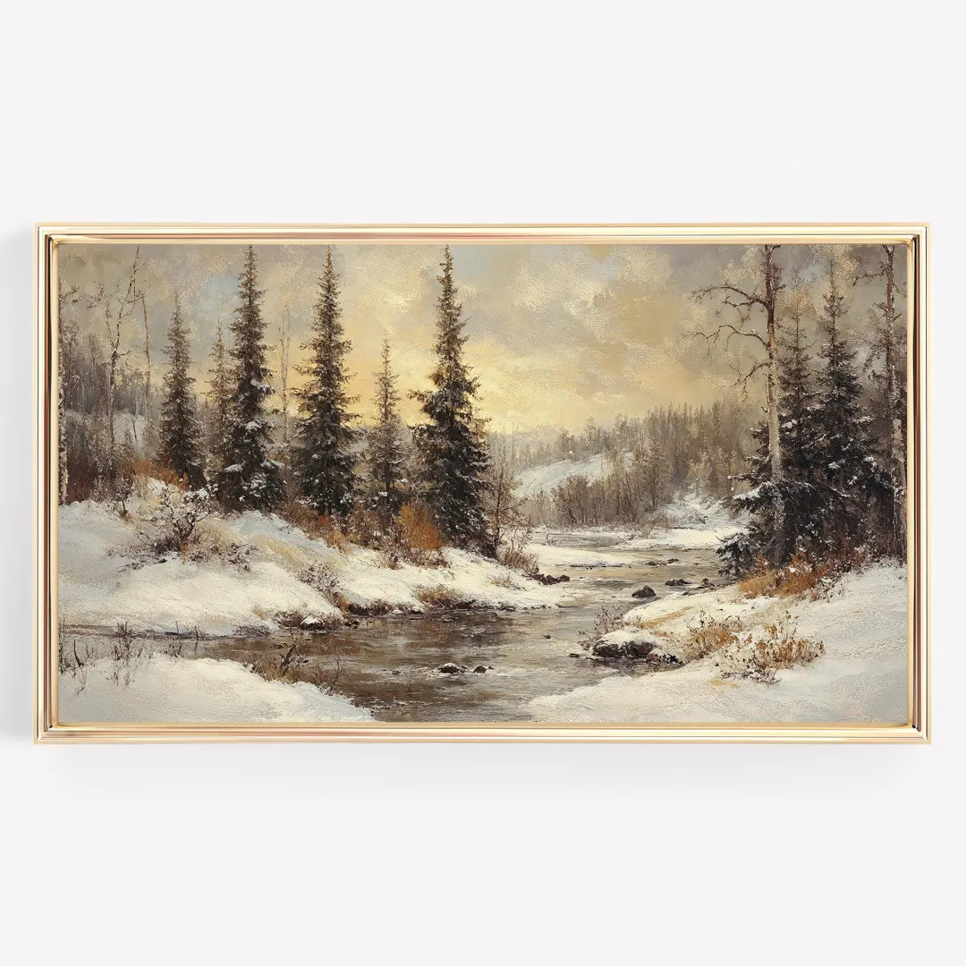 Frame TV Art Winter River moody Landscape, Snowy Pines Neutral screensaver | Etsy (US)