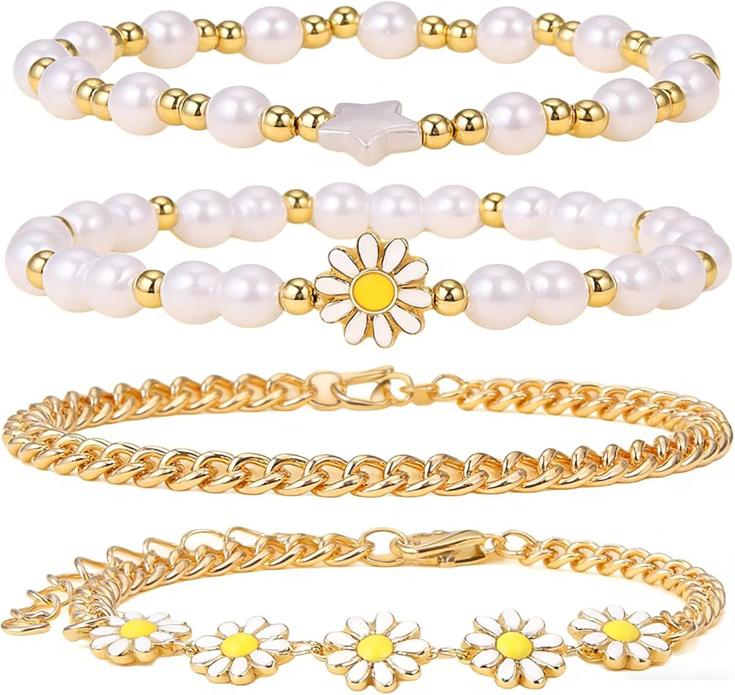 Daisy Flower Bracelets 4Pcs Pearl Beaded Flower Bracelet Gold Boho Daisy Layered Bracelet Set Blo... | Amazon (US)