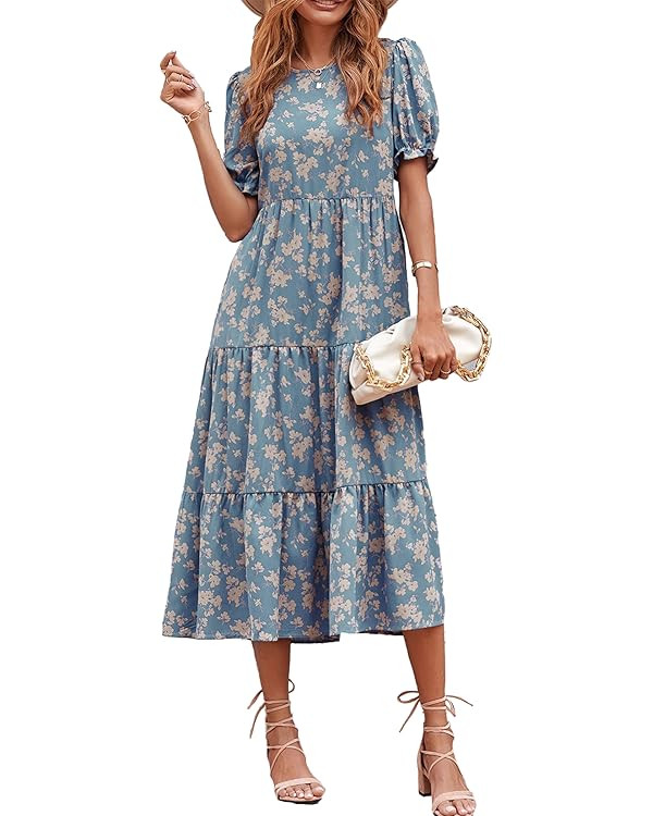 Pretty Garden Womens Summer Casual Boho Dress Floral Print Ruffle Puff Sleeve High Waist Midi | Amazon (US)