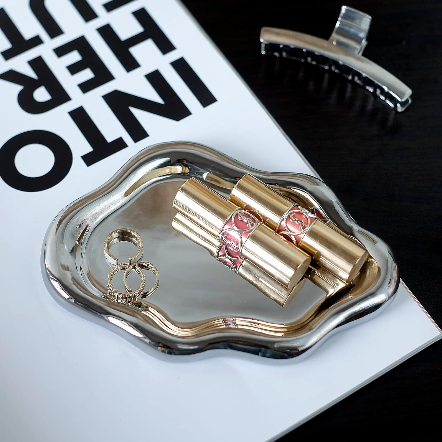 Jewelry Dish Trinket Tray for Women, Ring Dish Holder, Unique Cloud Shape Ceramic Plate Cute Things Vanity Aesthetic Room Decor Mother's Day Birthday (Silver) | Amazon (US)