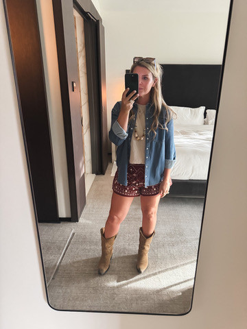 Denim top with shorts and boots 

 

#LTKSeasonal #LTKStyleTip #LTKShoeCrush