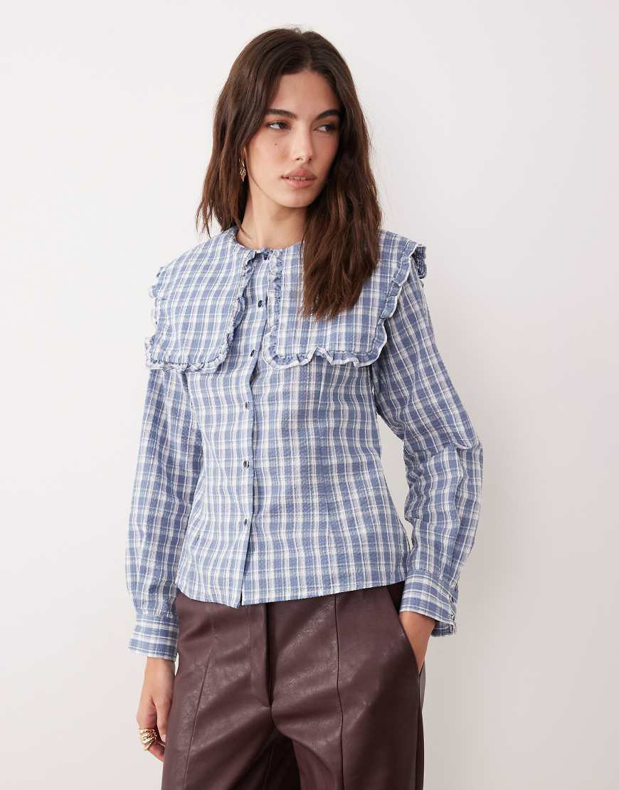 Ghospell cotton rich oversized collar blouse in blue plaid | ASOS (Global)