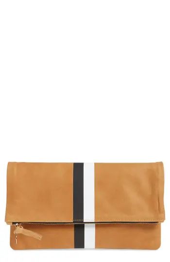 Clare V. Center Stripe Leather Foldover Clutch - Brown | Nordstrom
