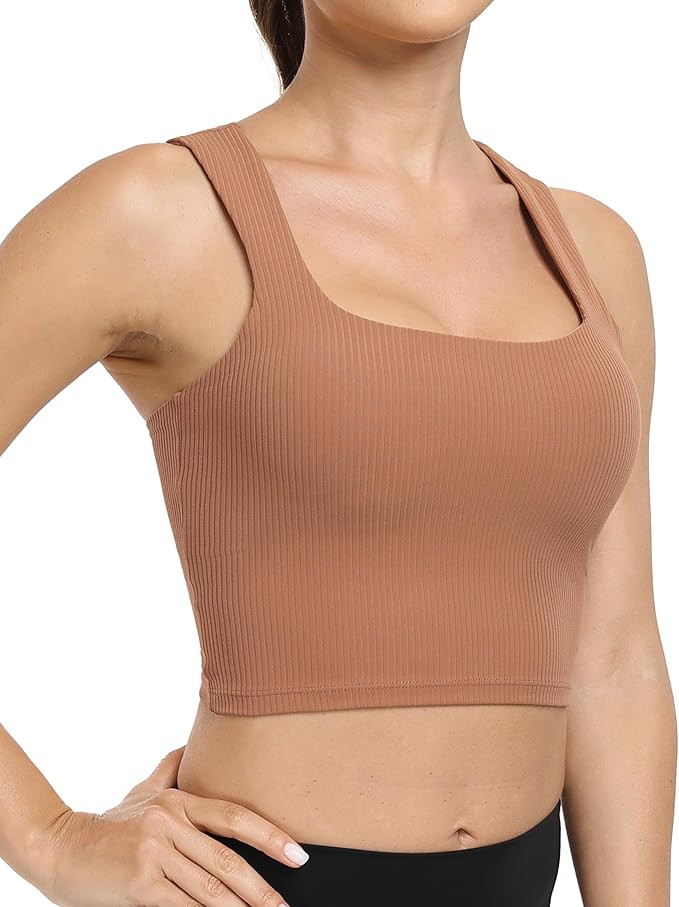 YUNOGA Womens Longline Sports Bra Square Neck Ribbed Yoga Bra Workout Crop Tank Tops with Built i... | Amazon (US)