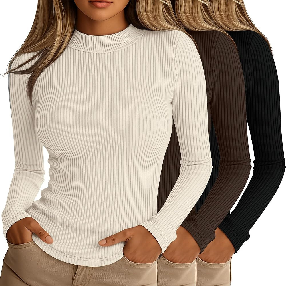Riyiper 3 Pack Women's Ribbed Shirts, Mock Turtleneck Long Sleeve Tops Slim Fitted Undershirts Ca... | Amazon (US)
