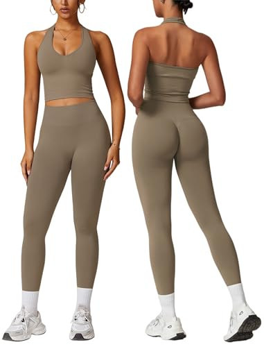 ABOCIW Workout Sets for Women 2 Piece Seamless V Neck Halter Tank Top with Bra Scrunch Butt Lifting High Waist Leggings Gym Sets Work Out Clothes Minky Small | Amazon (US)