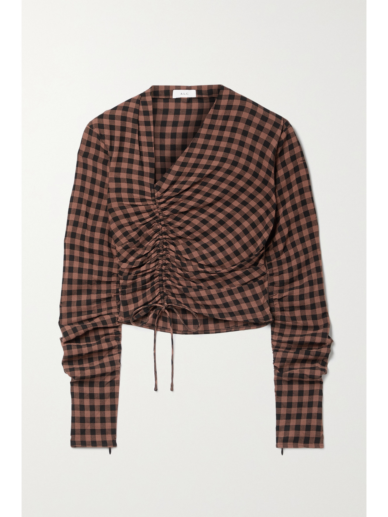 A.L.C. - Oryn Asymmetric Ruched Checked Crepe Top - Brown | NET-A-PORTER (US)