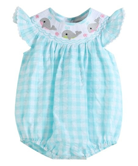 Turquoise Gingham Whale Smocked Flutter-Sleeve Bubble Romper - Infant & Toddler | Zulily