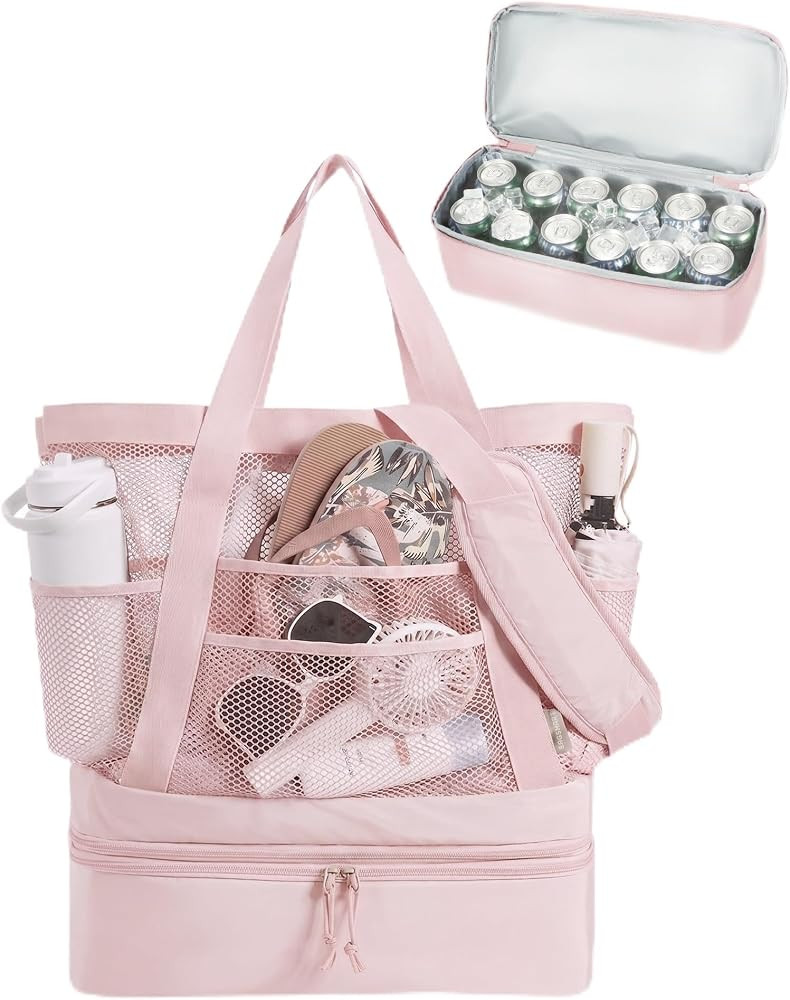 BAGSMART Beach Bag for Women, Mesh Tote Bags with Zipper, Sandproof Vacation Essentials with Cool... | Amazon (US)