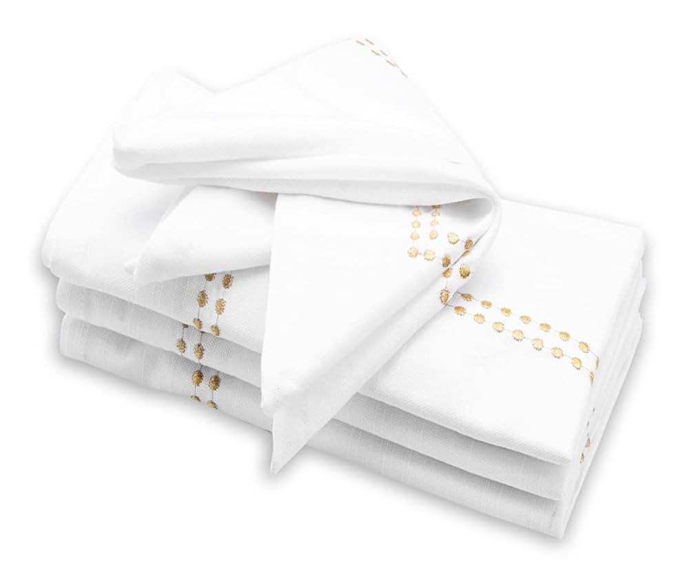 White and Gold Dinner Napkins, Embroidered, 100% Cotton, Wedding, Cloth Dinner Napkins, White & G... | Amazon (US)