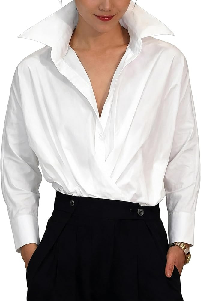 oshoplive Womens Button Down Shirts Cotton Batwing Long Sleeve Blouses Casual Loose Fit Collared ... | Amazon (US)