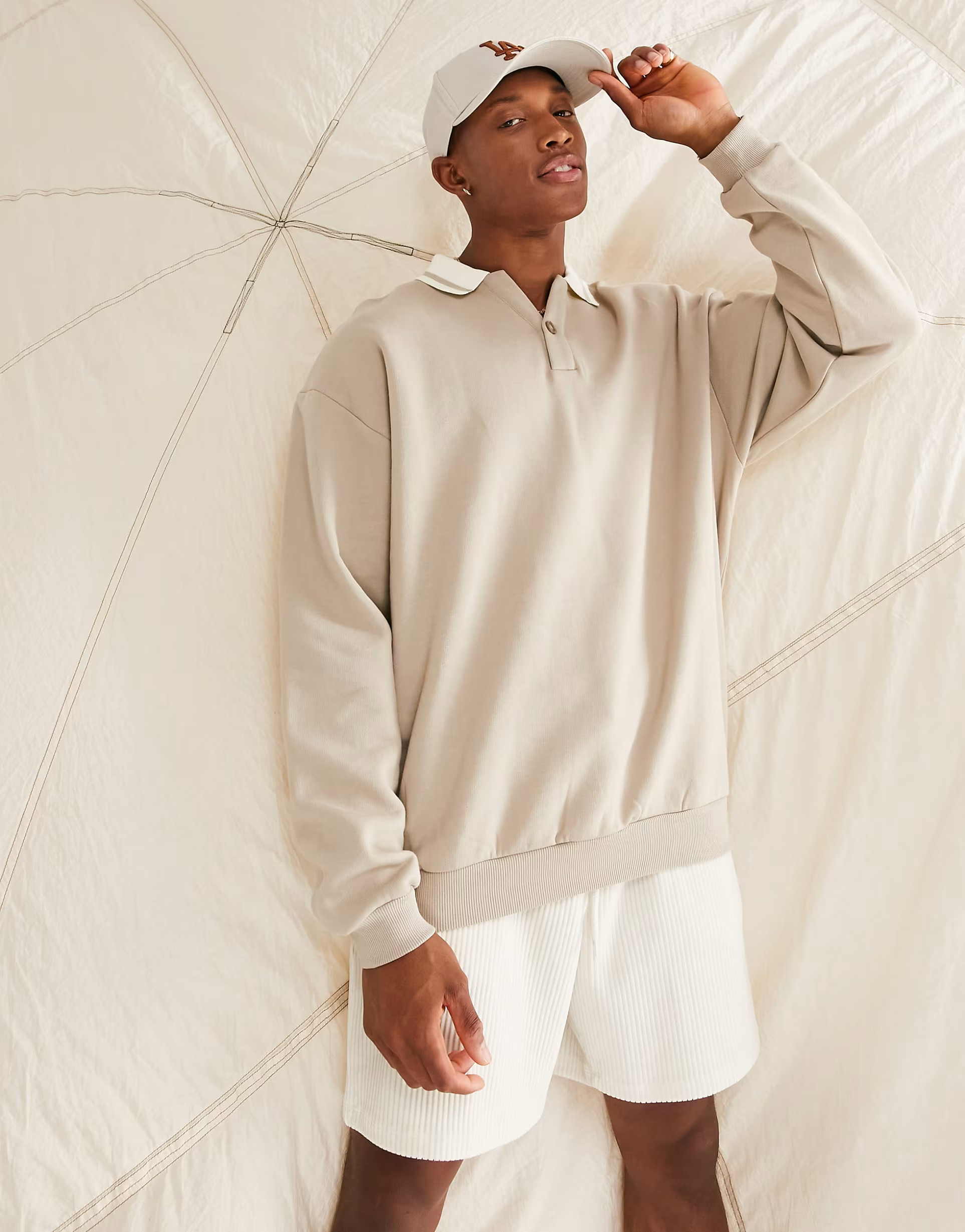 ASOS DESIGN oversized rugby polo sweatshirt with tipping in beige | ASOS (Global)